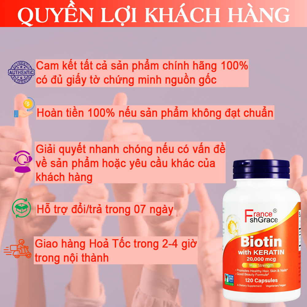 Viên uống Biotin 20.000 mcg với Keratin 100 mg làm khỏe da tóc móng 120 viên