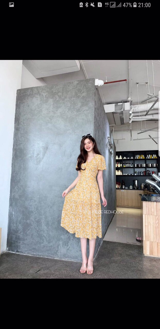 Đầm xòe lụa tay ngắn họa tiết hoa cúc họa mi