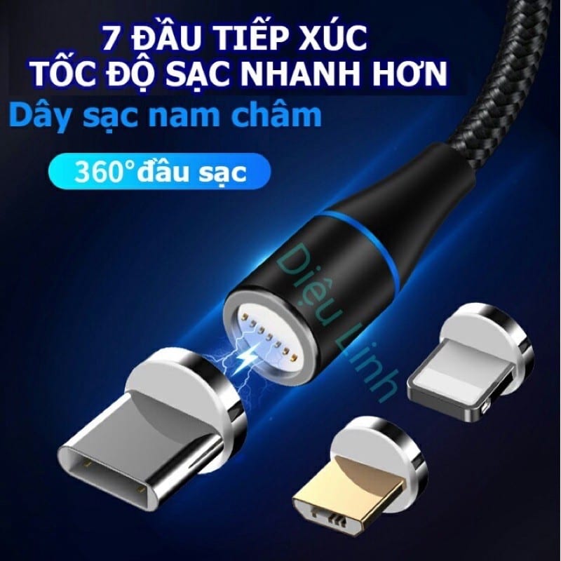 Cáp sạc nam châm tự hút 3 đầu nối Lightning, Type C, Micro USB