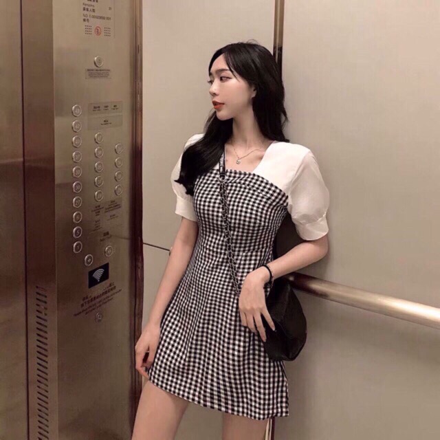 Đầm caro phối tay trắng