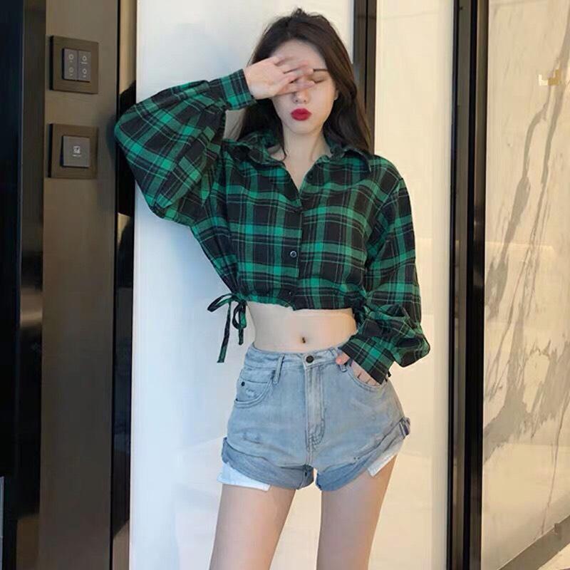 [HCM]Áo sơ mi caro Croptop dài tay -TSS