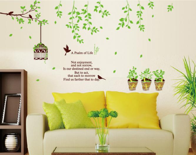 [HCM]Decal trang trí tường - Cây lá rơi và lồng chim