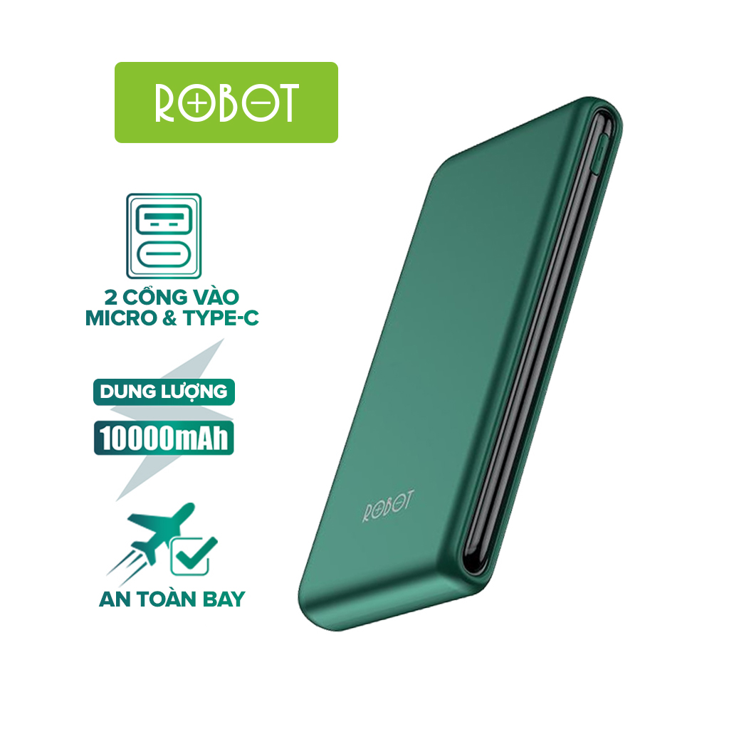 Pin dự phòng Robot RT180 dung lượng cao 10000mah cục sạc nhỏ gọn siêu mỏng siêu nhẹ 2 cổng sạc vào 1 cổng sạc ra