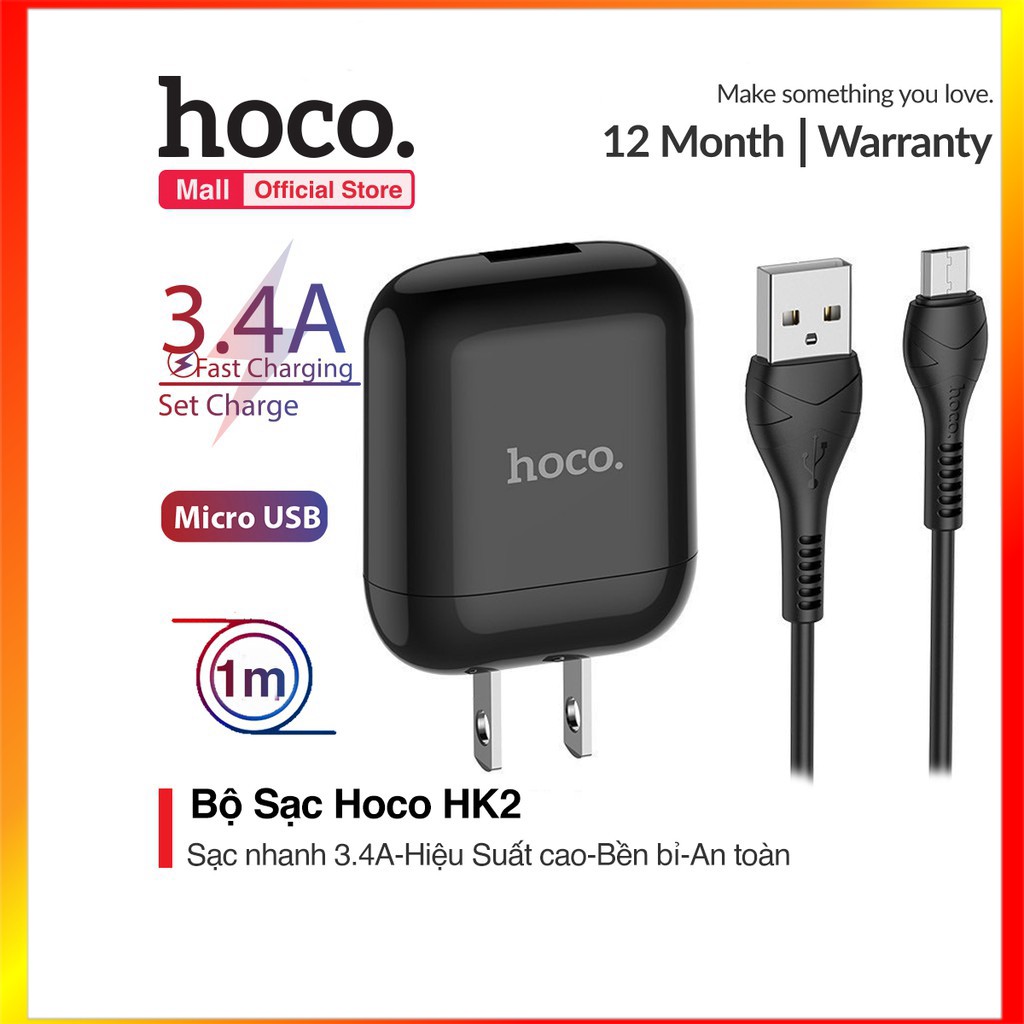 Bộ sạc nhanh hoco hk2 micro 3.4a nhựa pc cao cấp - mrphukien