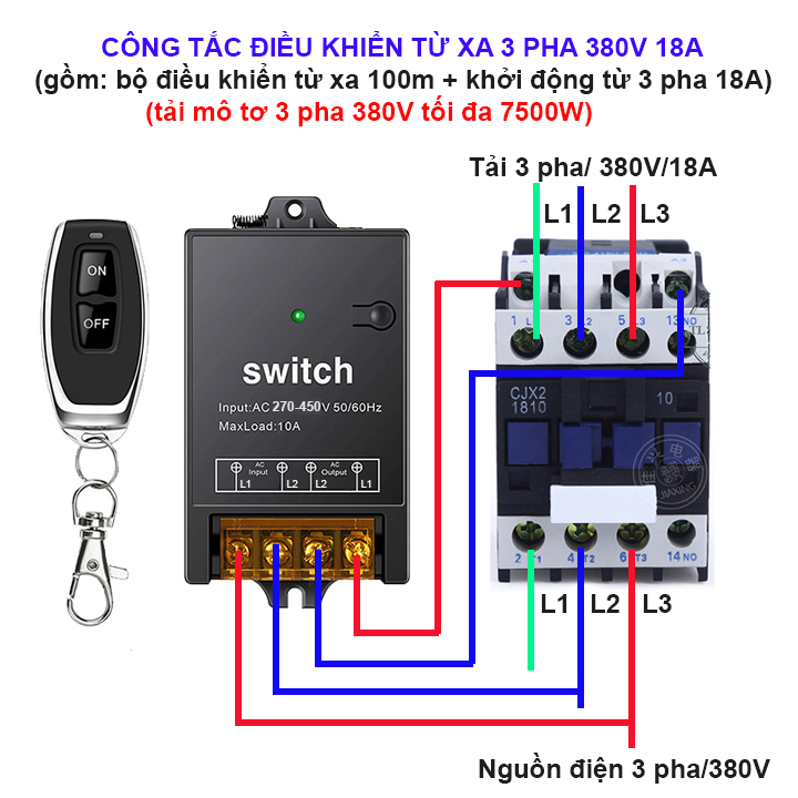Công tắc điều khiển từ xa 3 pha 380v 18A bật tắt mô tơ máy bơm nước 3 pha tối đa 7500W
