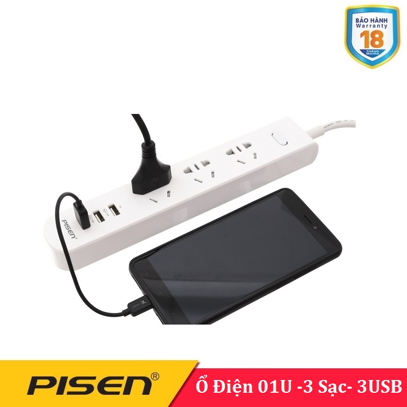 Ổ cắm điện đa năng Pisen 303  ( 3AC , 3USB ) -BH 18 Tháng