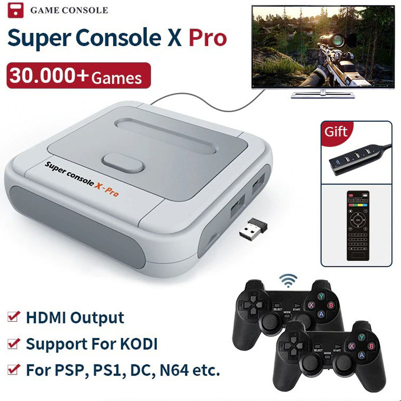 Máy chơi gamer điện tử 4 nút Super Console X-Tích hợp 33.000+ trò chơi, Game box TV HDMI/ AV - Máy chơi game không dây trên tivi Console X Pro cho PSP / N64 / DC / NDS / PS1