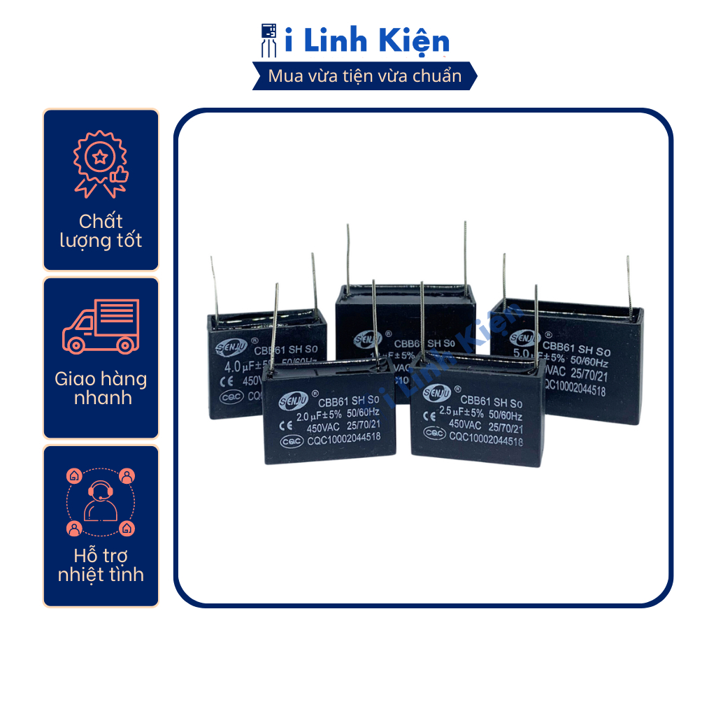 Tụ quạt 1uF 450VAC chân hàn mạch PCB CBB61