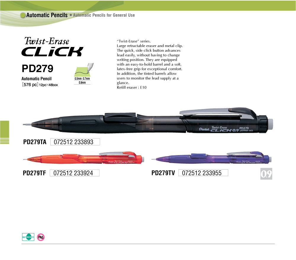 Bút Chì Kim Bấm Nhật Bản Pentel Twist-Erase Click Ngòi 0.5/0.7/0.9mm - PD275T/PD277T/PD279T - Nút Bấm Giữa Thân