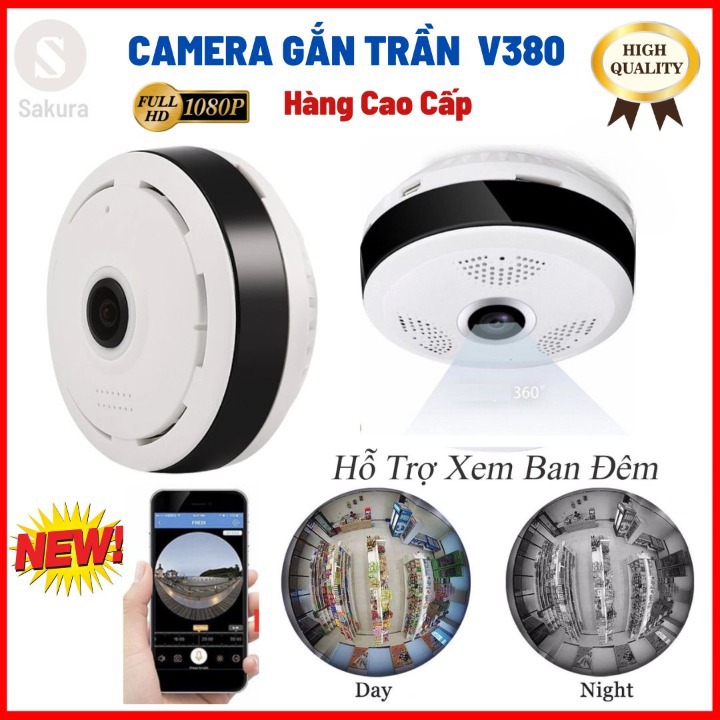 Máy ảnh mini gắn trần nhà quay toàn cảnh 360 full hd v380 ip camera wifi không dây 1080p - camera chống trộm v380