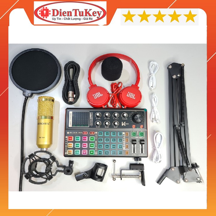 Bộ Mic thu âm bm900 sound card k300 dây livestream chế - Trọn bộ thu âm sound card k300 hỗ trợ autu tune bluetooth.