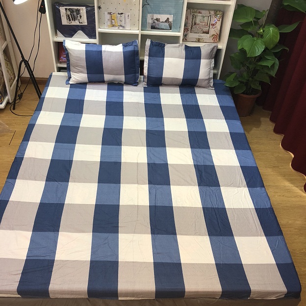 Set Ga Gối Cotton Poly 3 Món ( 1 ga chun, 2 áo gối nằm ) Mẫu Kẻ Bao Diêm