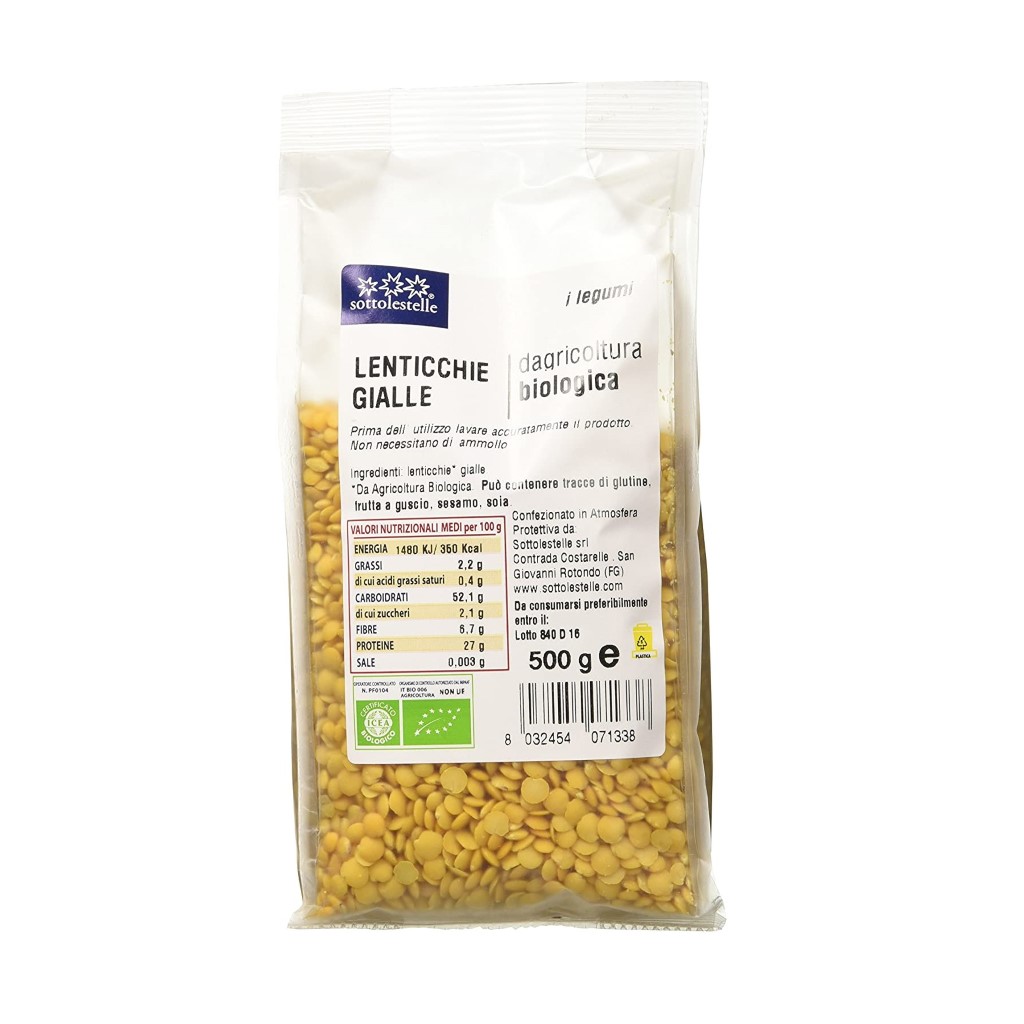 [Hoàn Tiền 15%]Đậu lăng vàng hữu cơ Sottolestelle Yellow Lentils 500g