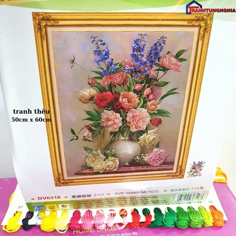Tranh đính đá dd9491 , tranh thêu chữ thập bình hoa khoe sắc lv3406