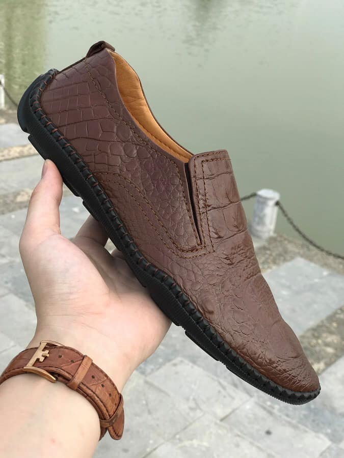 Giày nam da bò vân cá sấu màu nâu