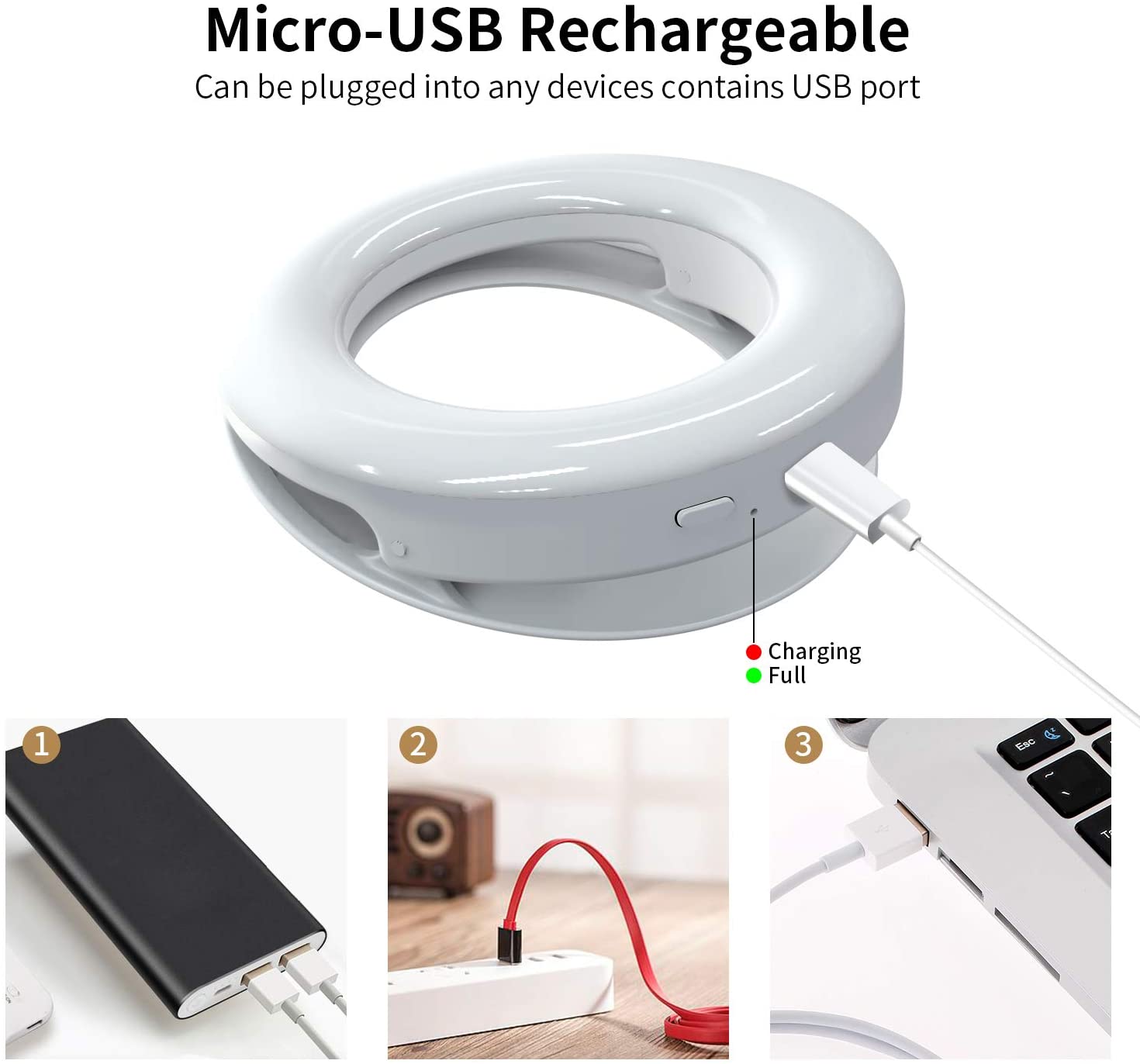 KIPRUN Selfie Ring Light [3 Light Modes] [Rechargeable], Clip on Phone Camera LED Light, Adjustable Brightness Selfie Circle Light for iPhone X Xr Xs Max 7 8 Plus 11 Pro Android iPad Laptop