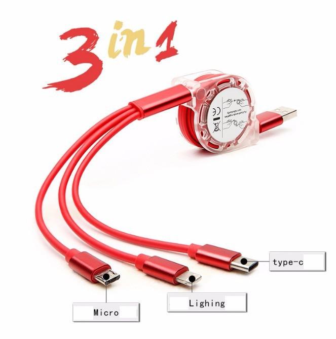 Cáp Sạc 3 Đầu Dây Rút Đa Năng ( Cáp 3 in 1 Micro, Lightning, Type- C )