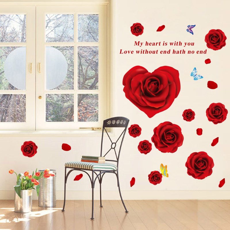DECAL DÁN TƯỜNG HOA HỒNG TRÁI TIM VÀ CẶP ĐÔI