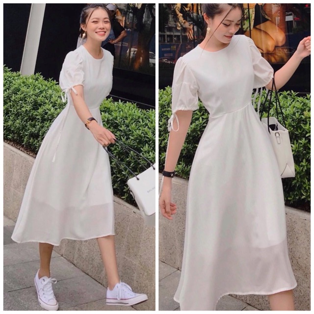 [FLASH SALE] Đầm nữ form dài tay phồng thắt nơ dáng xoè v3 (2 màu trắng - cam)