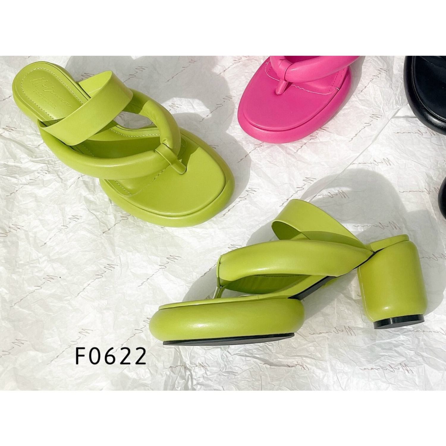 Dép guốc nữ gót vuông 6p đúp mũi kẹp ú phối quai ngang da mềm f0622