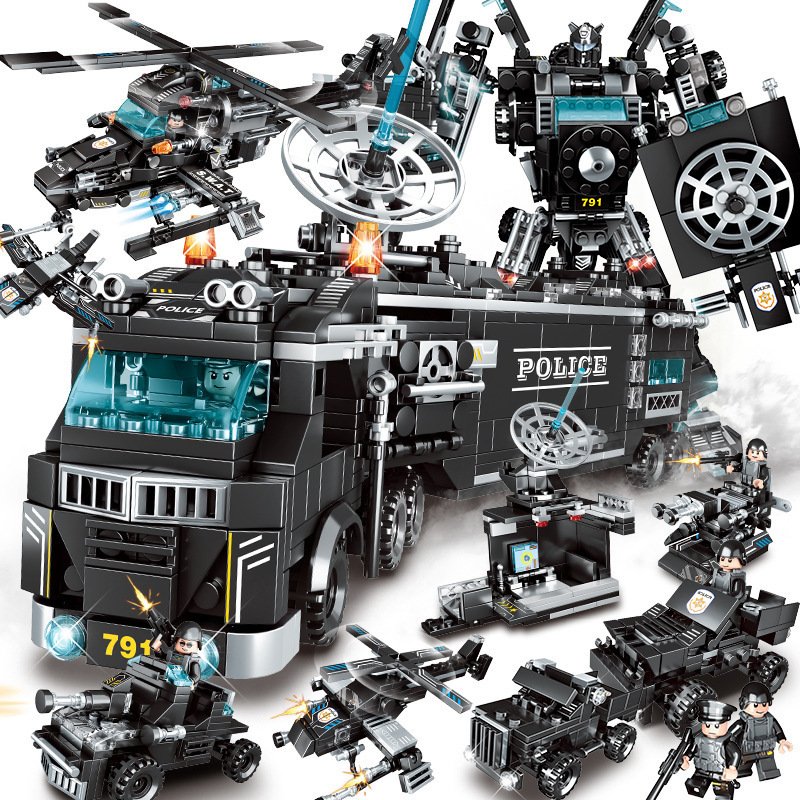 Bộ đồ chơi lắp ráp cảnh sát 820 chi tiết, lắp ráp mô hình robot, máy bay đội đặc nhiệm swat đồ chơi cho bé