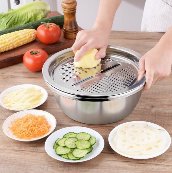 [HCM]BỘ THAU RỔ 3 IN 1 INOX CAO CẤP KO BỊ GỈ  - BỘ DỤNG CỤ BÀO RAU CỦ QUẢ ĐA NĂNG KIÊM RỔ VÀ CHẬU TIỆN DỤNG