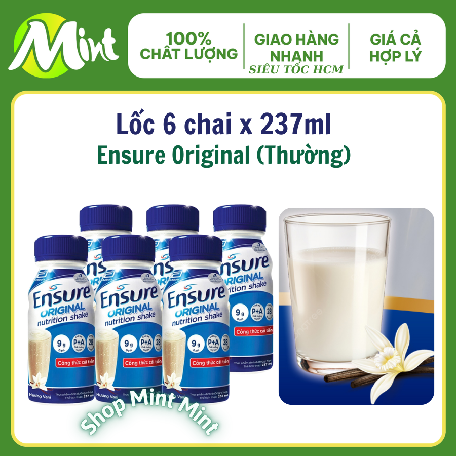 Lốc 6 chai_ Sữa bột pha sẵn Ensure Original/ Ensure Gold hương vani_ Chai 237ml. Shop Mint Mint.