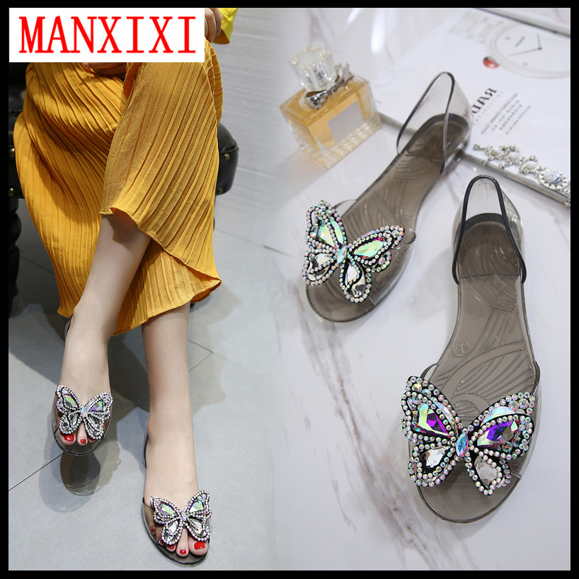 MANXIXI Brand Fashion Beautiful Jelly Flat Heel Sandals Butterfly Inlay Shoes For Women （35-40 Size）