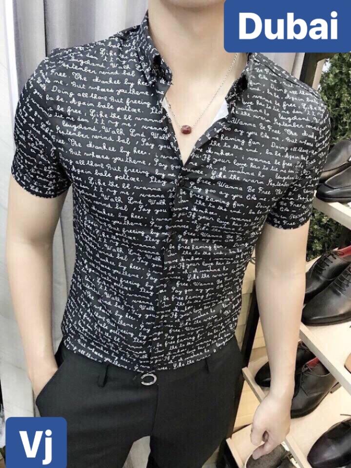 Áo sơ mi lụa nam chống nhăn trắng đen chữ dày cao cấp - dubai fashion