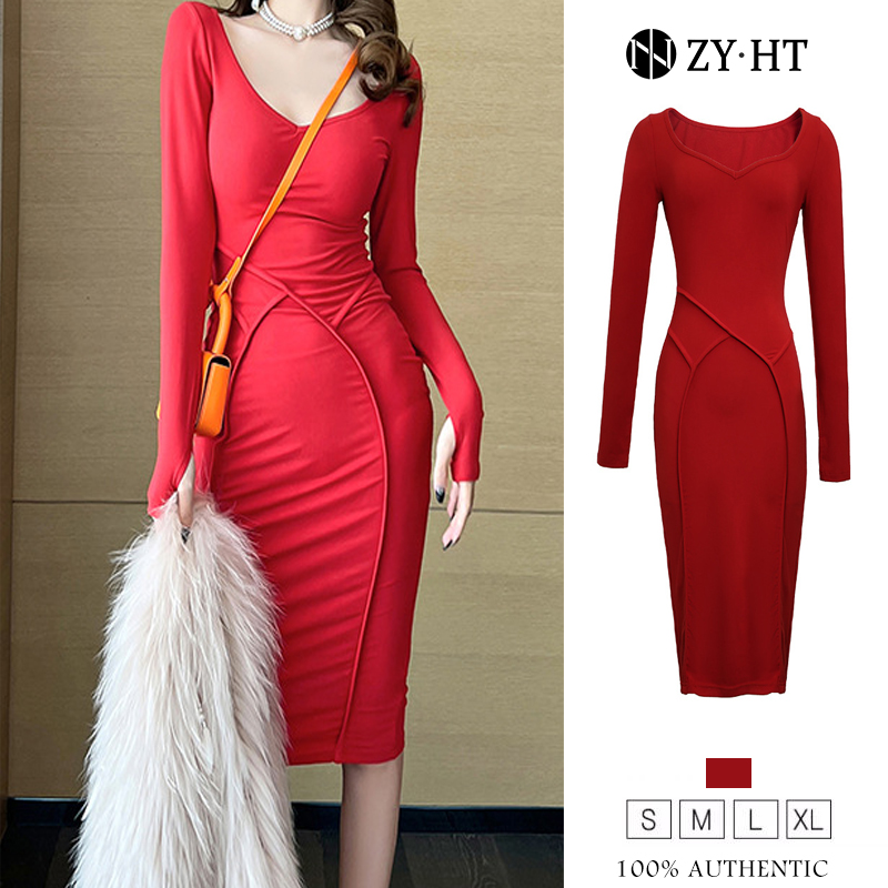 ZYHT eravogue Đầm màu đỏ Đầm váy phong cách Hàn Quốc váy Đầm Thời Trang Đầm Thanh Lịch Đầm phong cách sexy váy đi tiệc cưới Đầm nữ dự tiệc cưới đẹp 20005