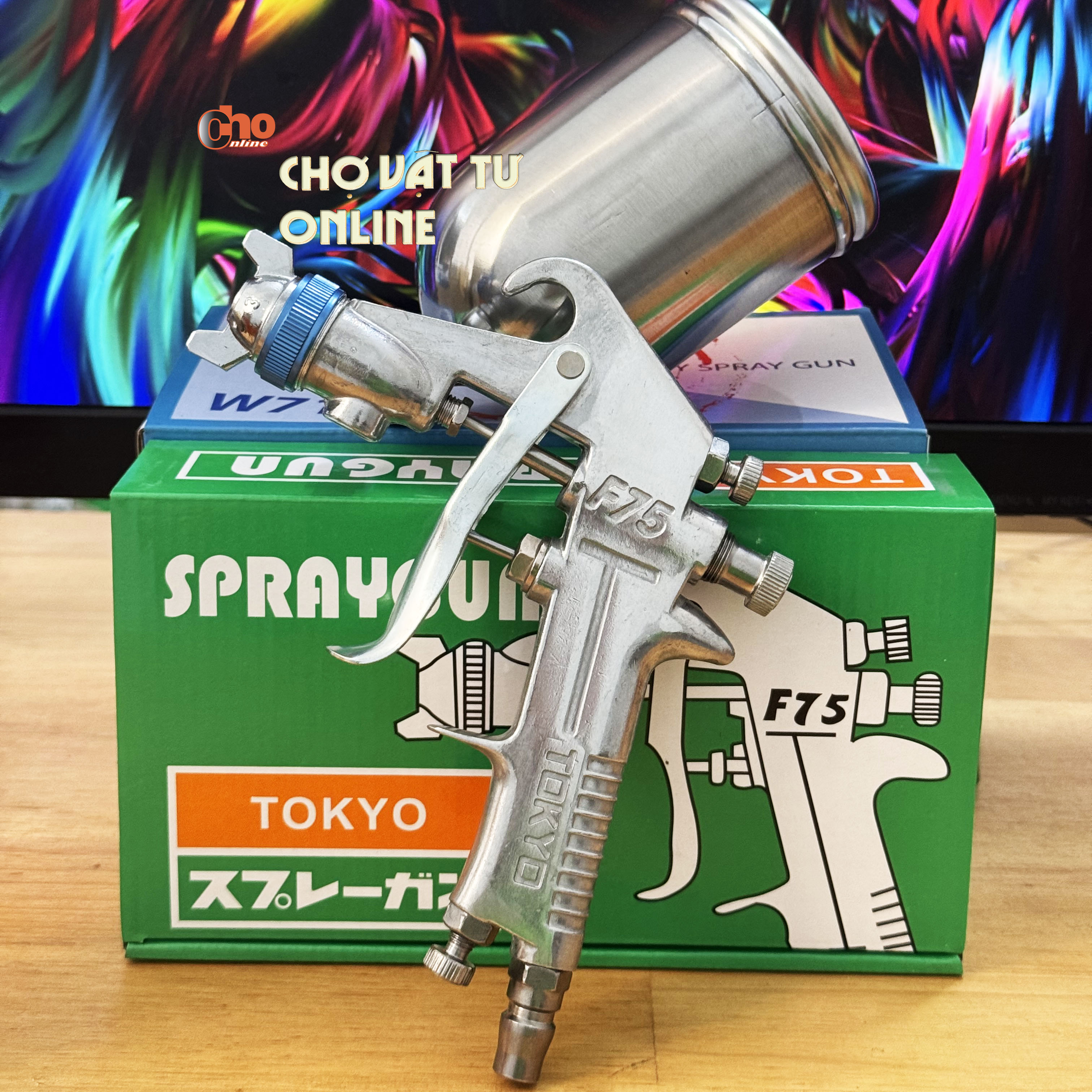 Súng phun sơn F75 hộp xanh loại phổ thông chất lượng ổn định béc phun 1.5mm, súng phun sơn khí nén F75
