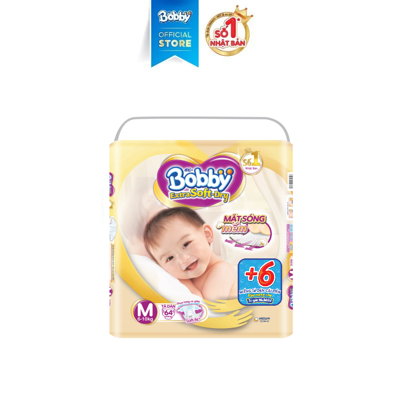 [QT_Bobby][Tặng 6 miếng] Tã/Bỉm dán Bobby Extra Soft-Dry Thun chân ngăn hằn - Super Jumbo M64