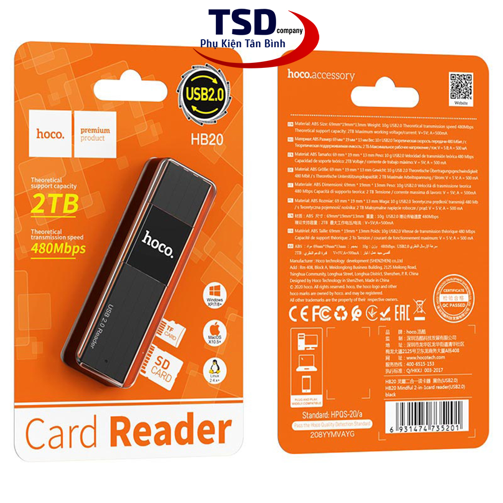 Đầu đọc thẻ nhớ 2.0 / 3.0 hoco hb20 chính hãng, khe cắm thẻ sd & micro sd