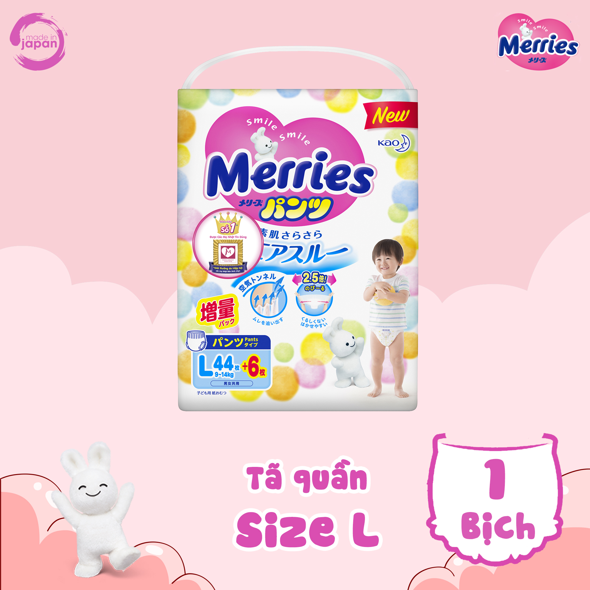 Tã/Bỉm quần merries miếng Nội địa Nhật Size L 44+6 (Cho bé 9 - 14kg)