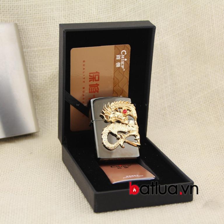 Bật Lửa Chief ốp rồng mạ vàng 24k