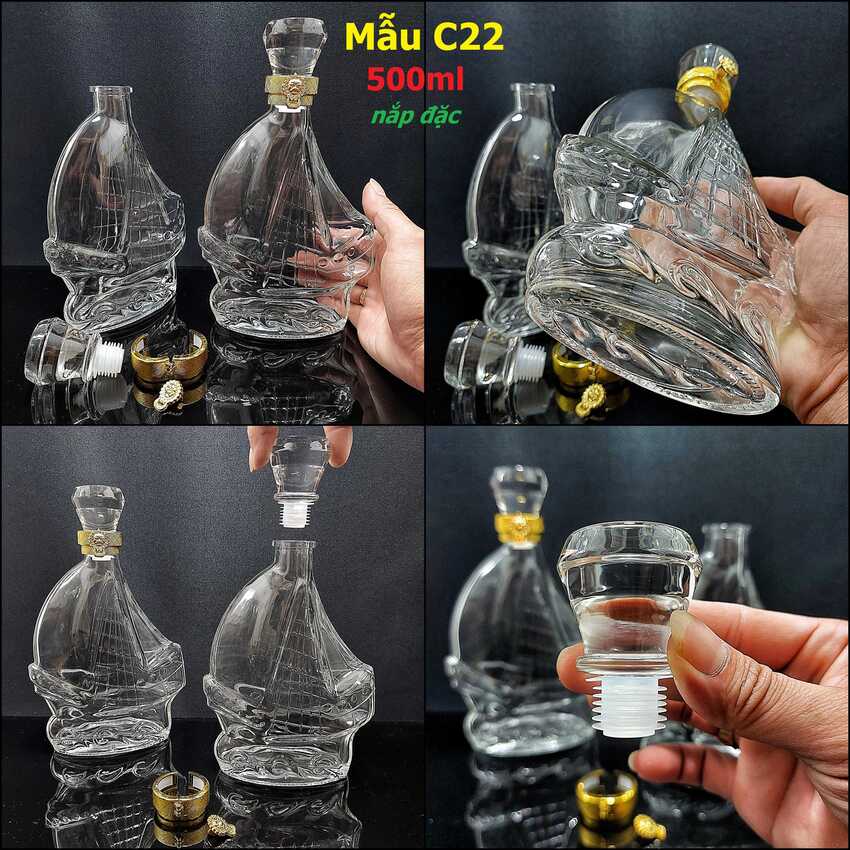 Glass bottle 500ML – Ship shape - Flat design – Solid cap with seal - 1 bottle (C22 pattern)