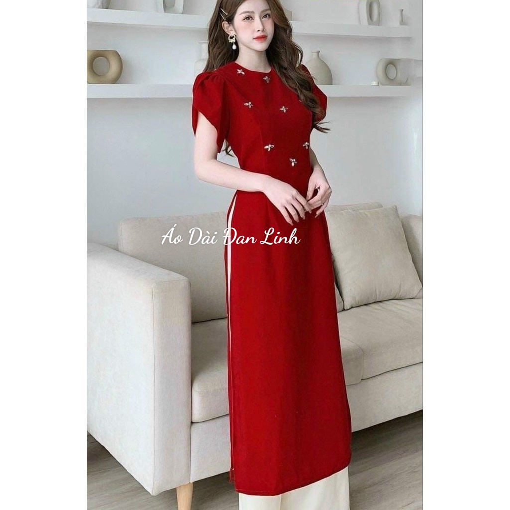 Áo dài cách tân tay xếp cách điệu đính kết trẻ trung - Áo Dài Đan Linh