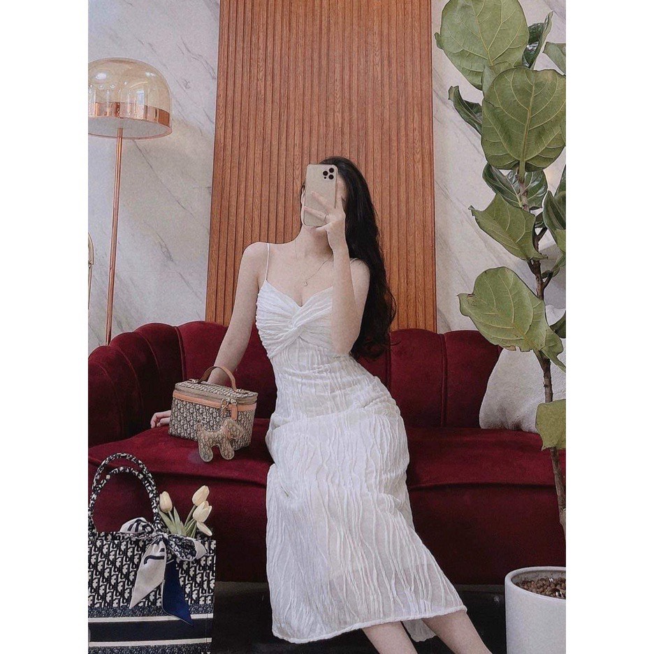 Đầm maxi vân sóng 2 dây đi biển, Váy basic 2 dây dáng suông HTD393