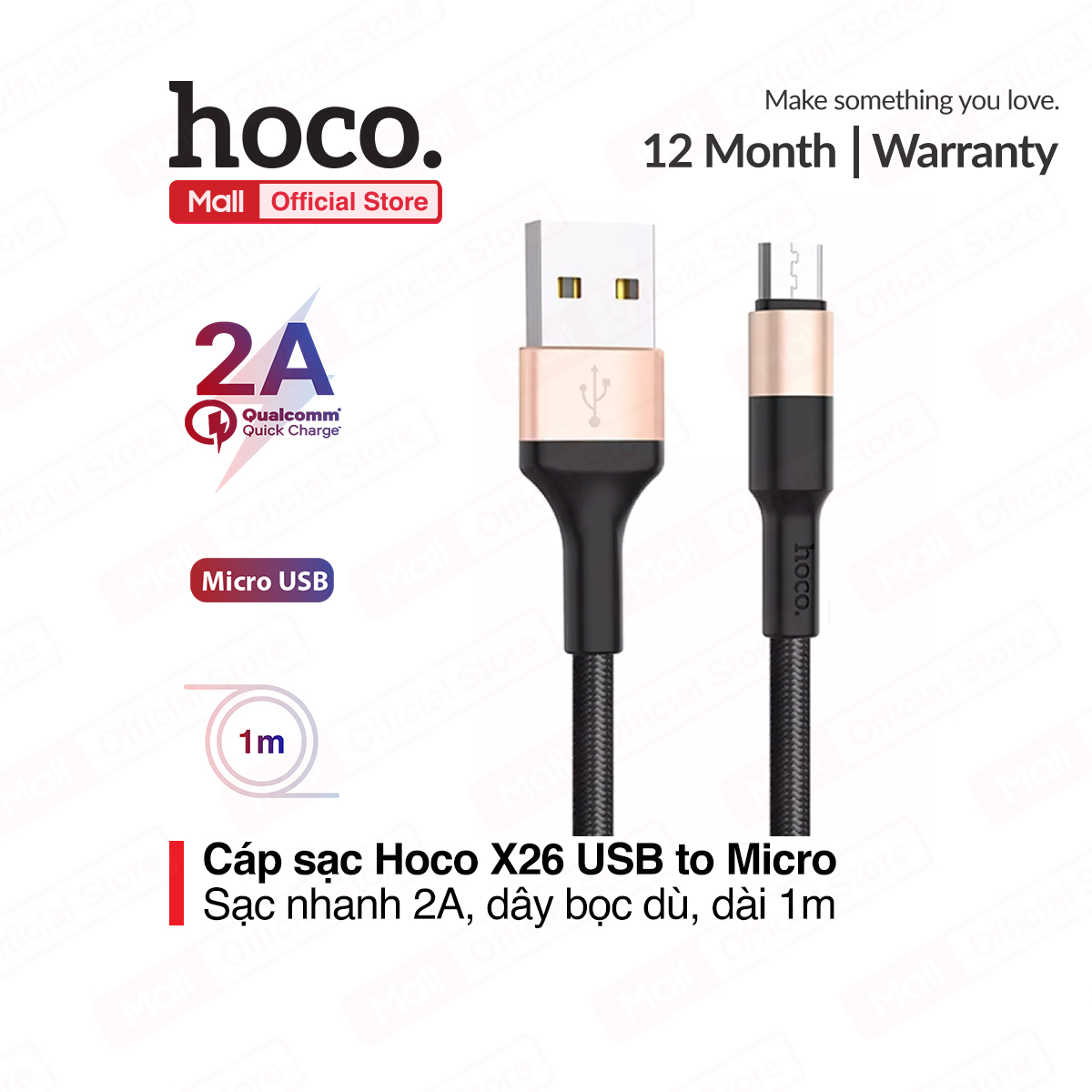 Cáp sạc Micro USB Hoco X26 sạc nhanh 2A MAX dây sạc bọc dù chống rối chống đứt dành cho điện thoại android tương thích với nhiều thiết bị dài 100cm