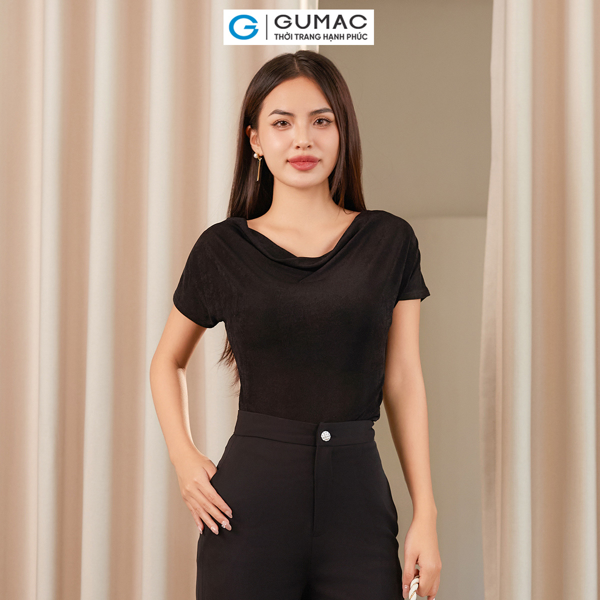 [MUA 2 CHỈ 199K/Áo] Áo Thun Cổ Đổ GUMAC Áo Thun Kiểu Sang Trọng Áo Đi Tiệc Vải Thun Ánh Nhung Co Giãn Tôn Dáng ATE01031