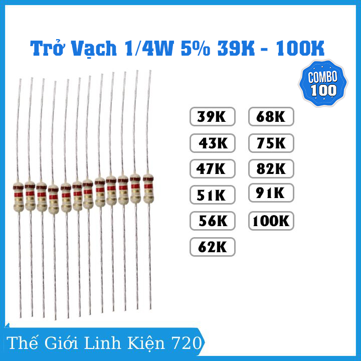 Gói 100 con trở vạch 1/4w 5% giá trị điện trở từ 39k - 100k