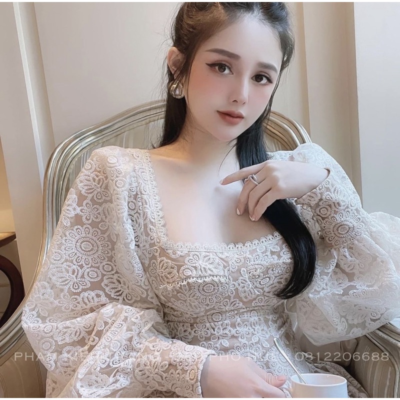 (Có bigsize) Đầm ren tay phồng cúp dự tiệc