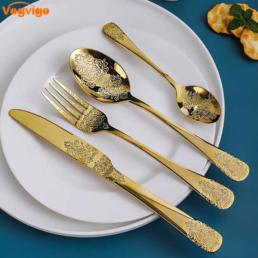 Stainless Steel Cutlery Set, Four-Piece Set Of European Golden Pattern Cutter, Spoon And Fork, Retro Kitchen Utensils
