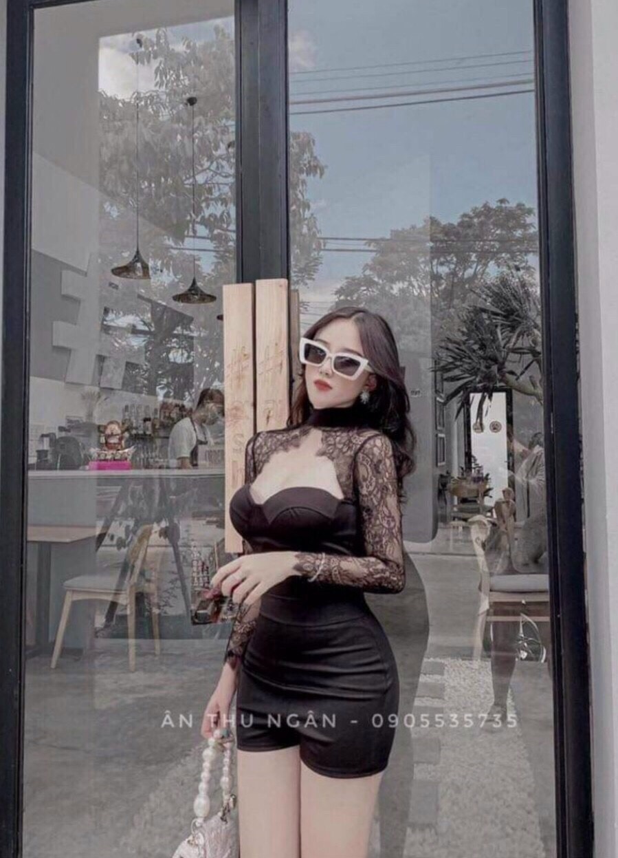 Đầm body tay dài phối ren hở ngực quyến rũ.fashionlyly