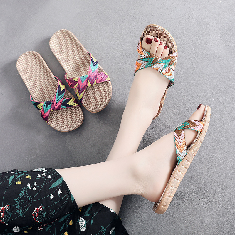 (MẪU MỚI) Dép Cói Đi Biển Quai Họa Tiết Thổ Cẩm, Dép Nữ Thời Trang Hàn Quốc