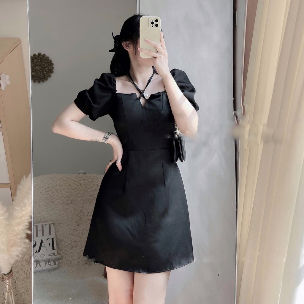 Váy đầm nữ thắt đai viền ren cổ trẻ trung dễ mặc ( Màu đen QC) kèm 1 dán mi  giá rẻ nhất tháng 3/2024