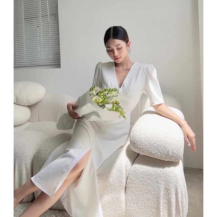 Đầm lụa( có bigsize) nút bọc xẻ trước