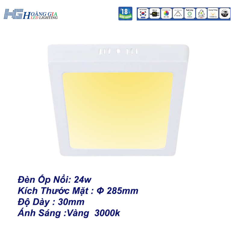 Đèn Led Ốp Nổi 24W Vuông Ánh Sáng Vàng