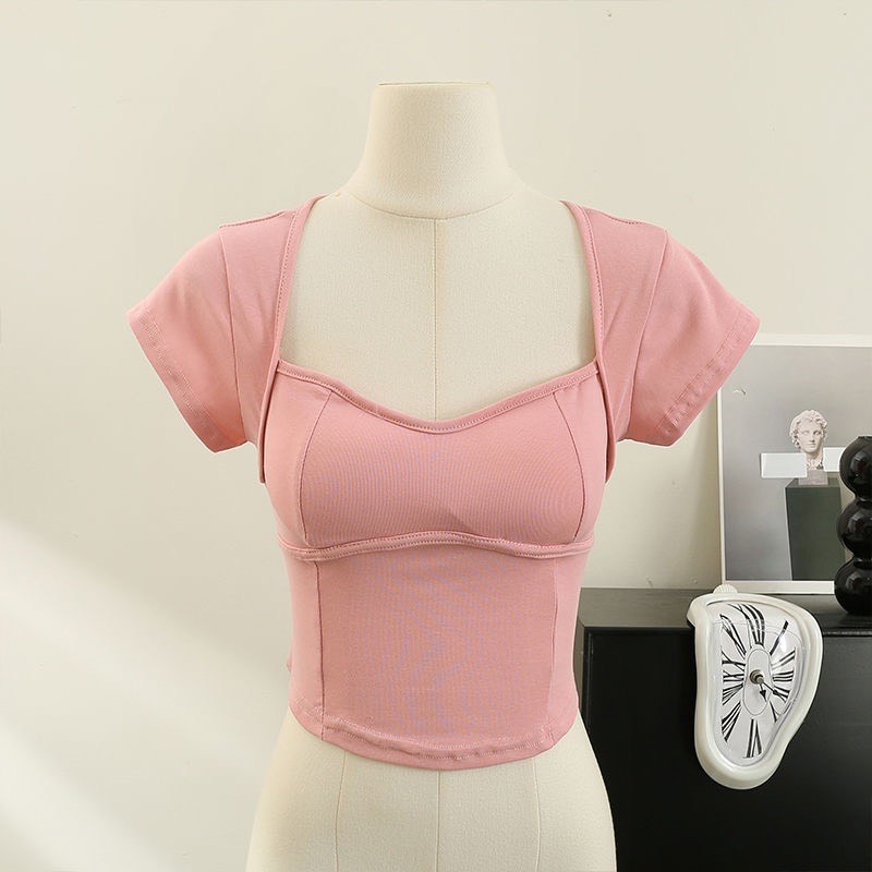 áo thun nữ crotop cổ vuông cod mút hở xoắn lưng chất thun co giản