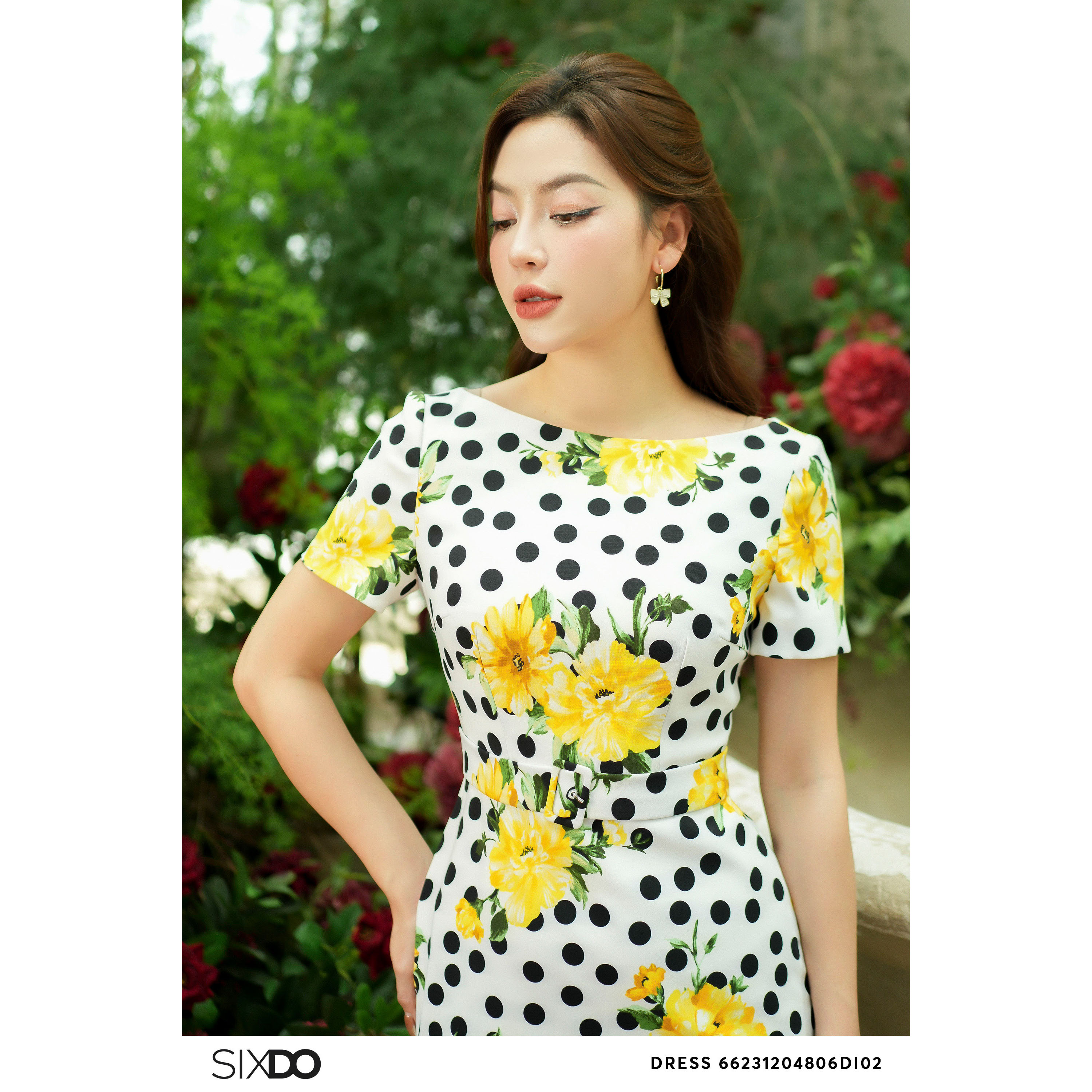 Đầm dệt thoi hoạ tiết hoa chấm bi SIXDO (White Polka Dot Woven Midi Dress)